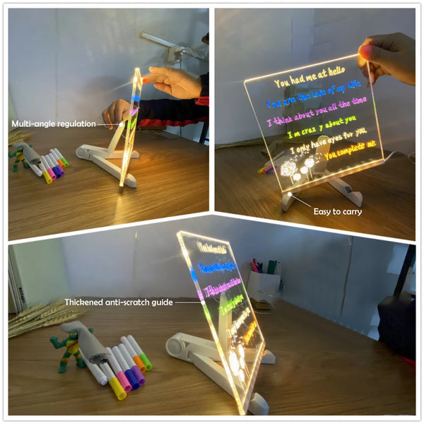 LED Message Board Night Light – Reusable Acrylic Writing Board with Color Pens