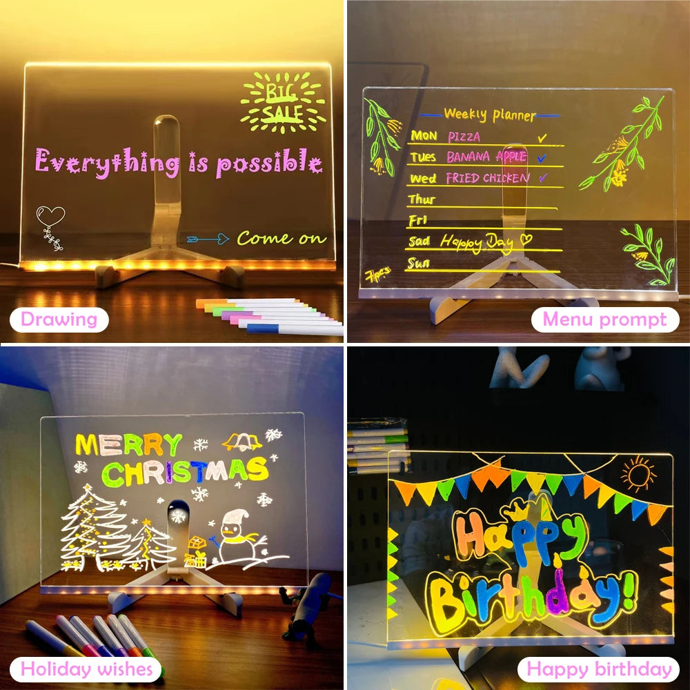 LED Message Board Night Light – Reusable Acrylic Writing Board with Color Pens