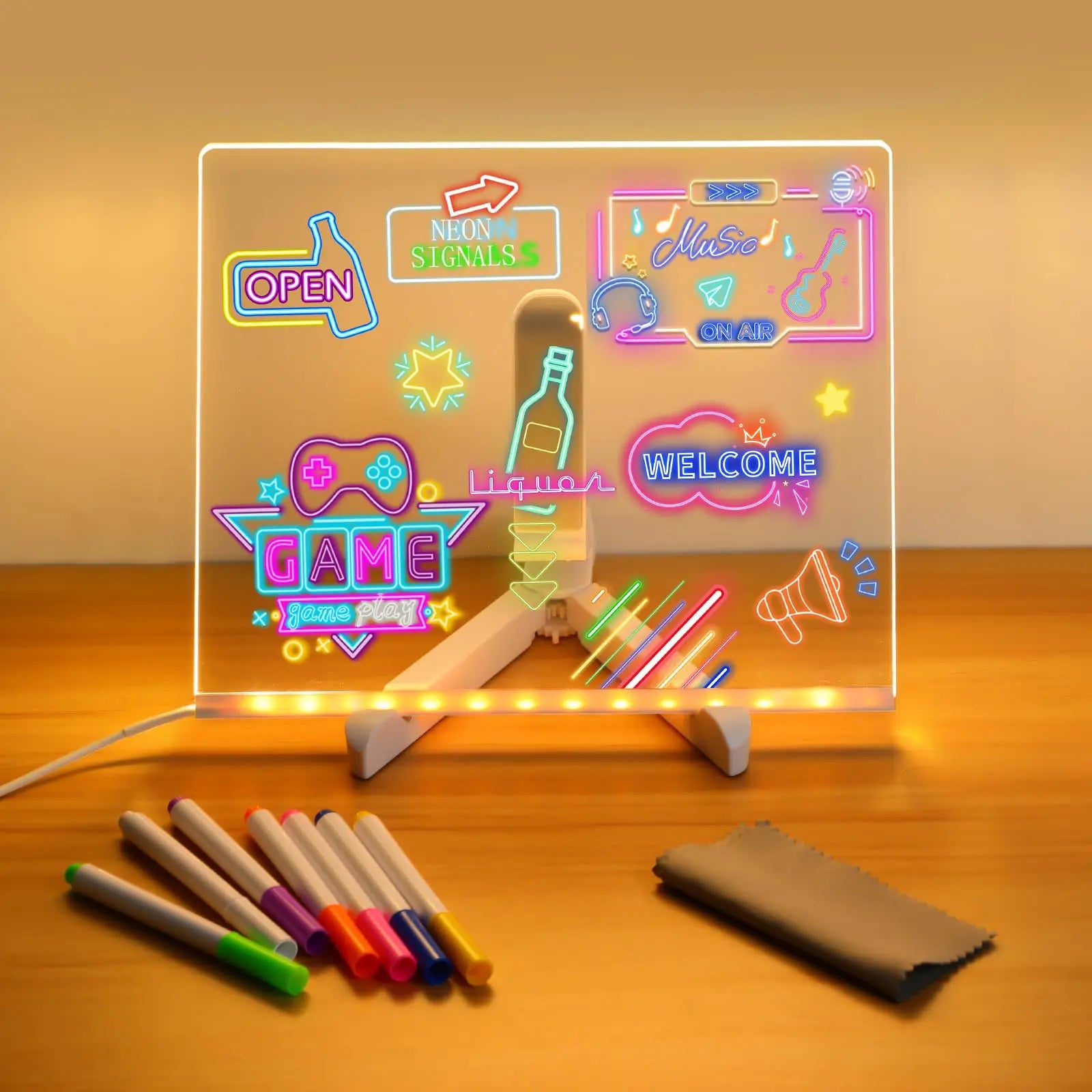 LED Message Board Night Light – Reusable Acrylic Writing Board with Color Pens